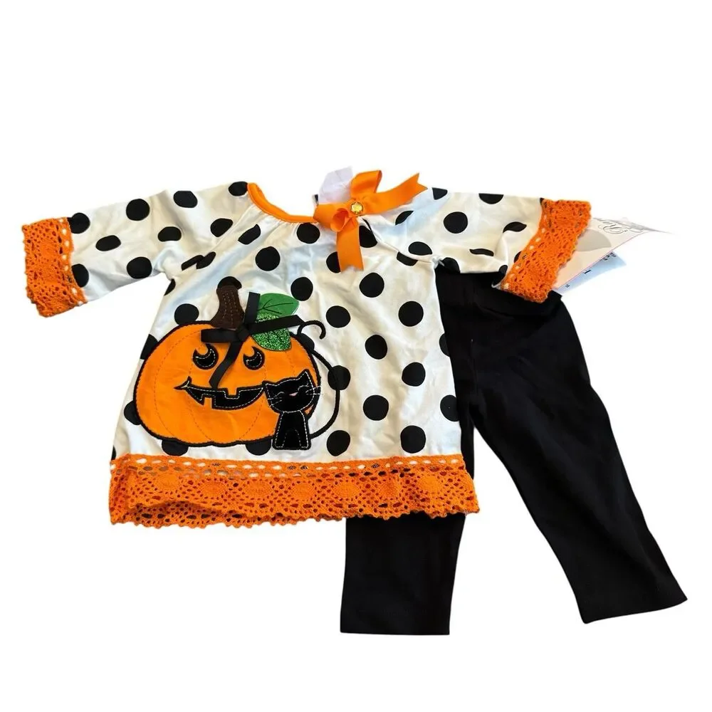 NWT Girls 6 Months Rare Editions Black Orange Halloween Theme Outfit pumpkin Cat
